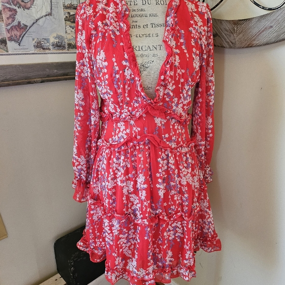 Red Floral Ruffle Open Back Dress M Medium Long Balloon Poof Sleeve - Picture 11 of 11